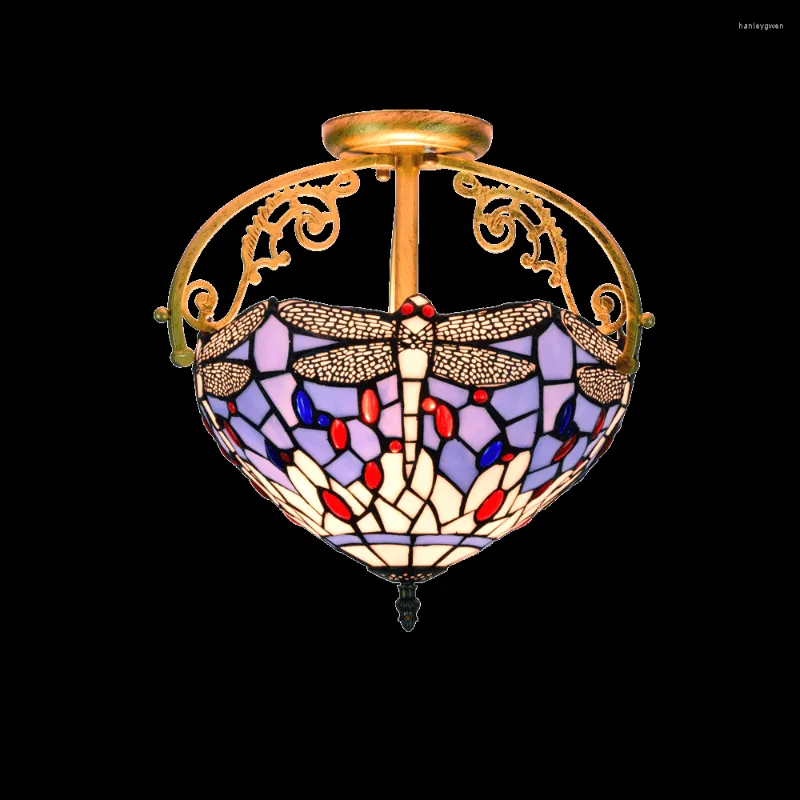 Luzes de teto Barroco Tiffany Dragonfly Lamp for Balcony Foyer Aisle Entrance Vintage Colorful Glass 34cm Light 1158