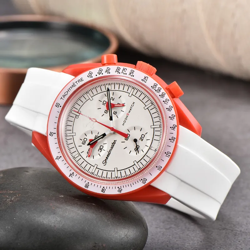 Plastmånen Mens tittar på Full Function Quarz Chronograph Watch Mission till Mercury 42mm Luxury Watch Edition Master Wristwatches Rubber Straps O1