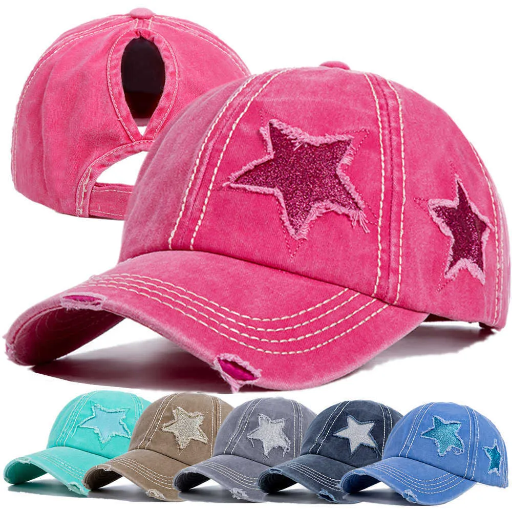 Casquettes de baseball Nouvelle mode femmes queue de cheval casquette paillettes 5 points étoile trou conception casquette de baseball femme lavé coton streetwear chapeaux G230201