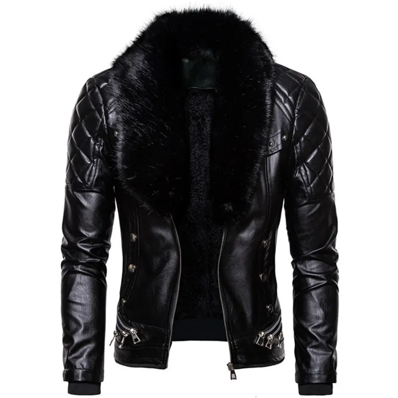 Mens Leather Faux Design Motorcycle Bomber Add Wool Jacket Men Autumn Turn Down Fur Collar Removable Slim Fit Male Warm Pu Coats 230131