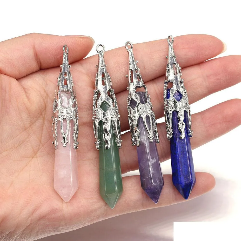 Charms Natural Stone Chakras Cone Hexagon Pendum Pendant Rose Quartz Healing Reiki Crystal For For DIY Naszyjniki Kobiety F Dhgarden Dhbf1