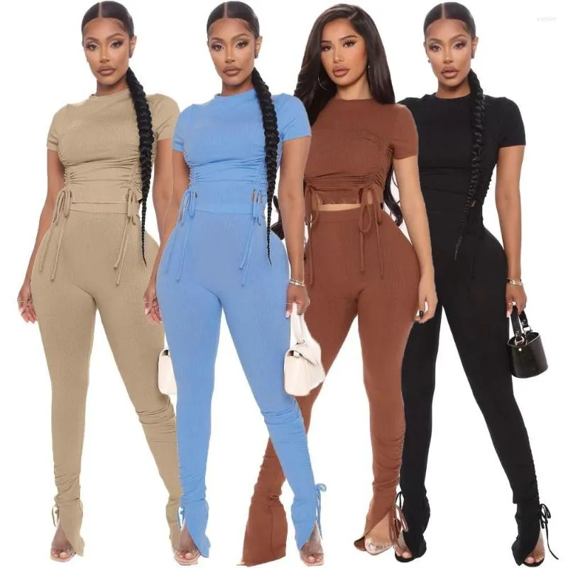 Running Sets Fashion Two-Piece Suit Pound Neck Short Sleev Sexy Women's Pleated T-shirt Pants