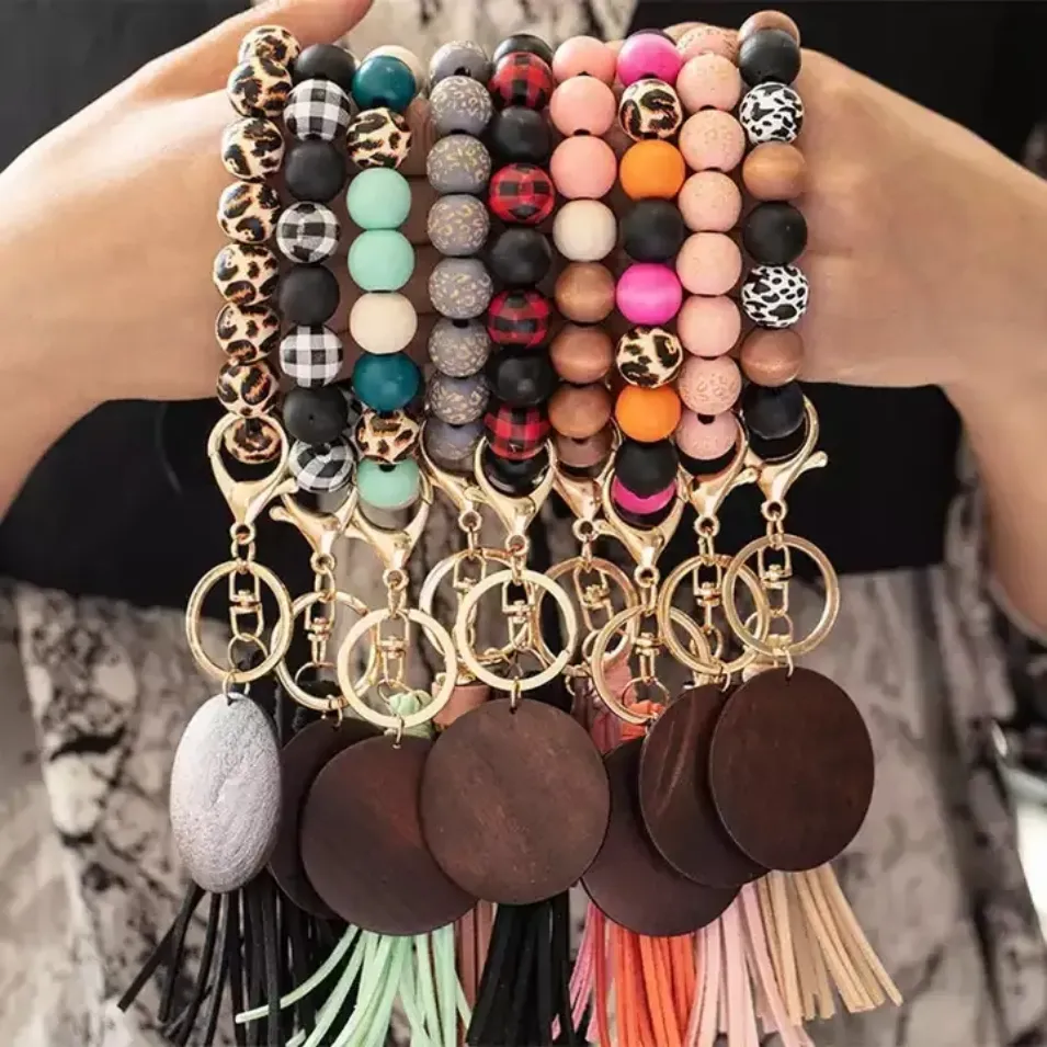 Party Favor Leopard Wood Beads Bracelet Keychain Women Leather Tassel Wristlet Key Chain for gift MAMA Letters tt0201