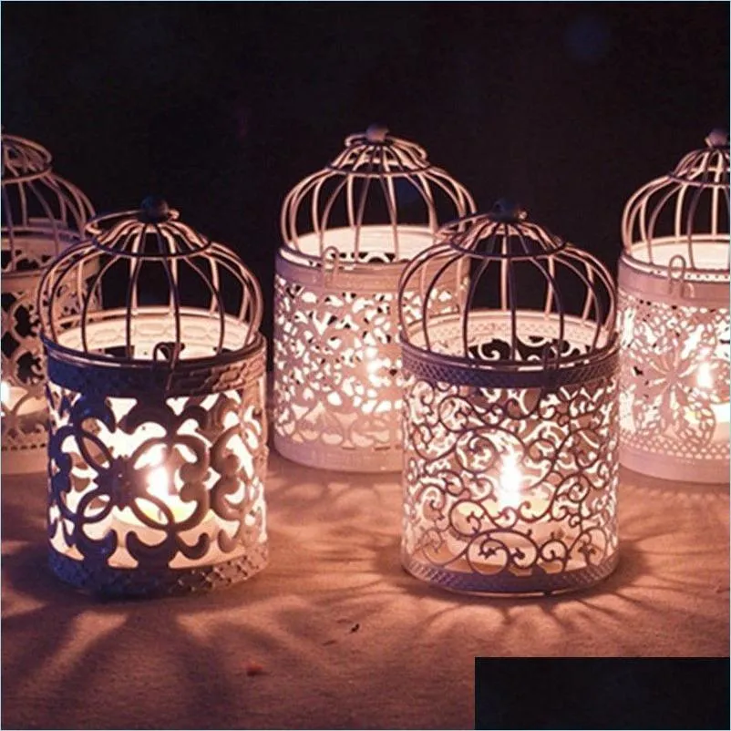 Candle Holders Hollow Holder Metal White Tealight Candlestick Flower Pattern Birdcage Christmas Fairy Wedding Party Drop Delivery Ho Dhyk6