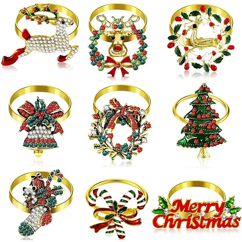 Pierścienie serwetki 9 sztuk zestawu Bożego Narodzenia metalowy uchwyt na drzewo dekoracje 230201