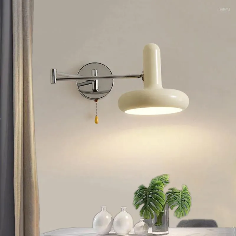 Wall Lamp Pull Switch White Long Arm Light Bedroom Bedside Swing Adjustable LED Retractable Study Reading Sconce Lighti