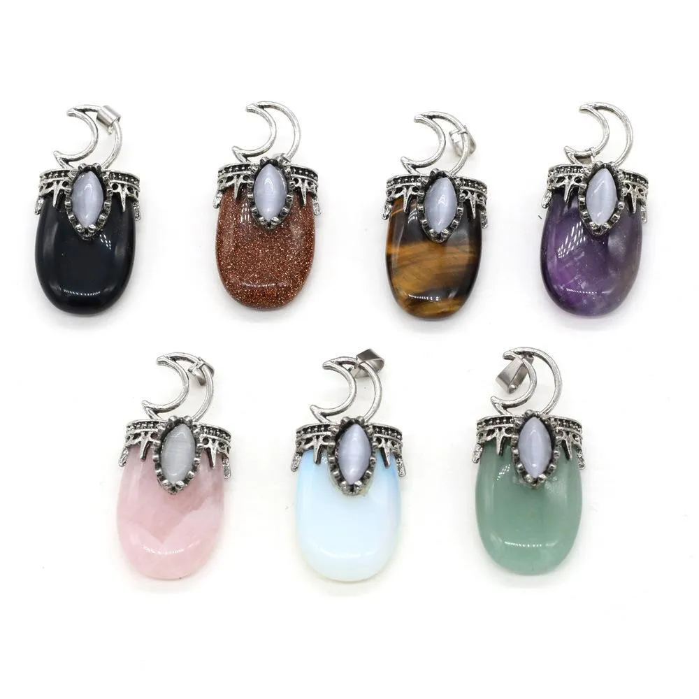 Charms Natural Stone 7 Chakra Retro Moon Shape Pingente Rose Quartz Healing Reiki Crystal Finding for Diy Colares Jewelry 2 Dhgarden Dhu0n