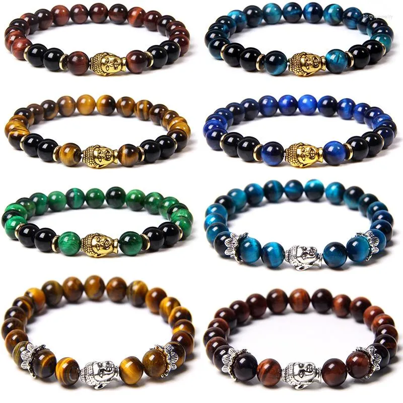 Strand Natural Tiger Eye Stone Pärlor Armband 8mm Lava Buddha Head Charm Armband Energy Healing Yoga For Men Women smycken