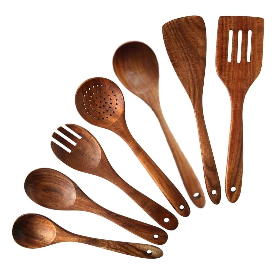 Cooking Utensils 7 PCS Teak Wooden Kitchen NonStick Spoons and Spatula Cookware for Home 230201