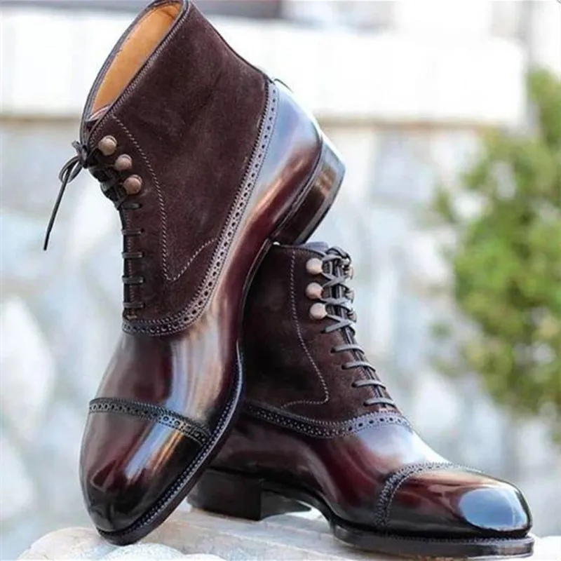 Buty Mężczyźni Krótki brązowy stado koronkowe Kwadratowe palce ręcznie robione biznesowe buty na kostki z zapatos hombre 230201