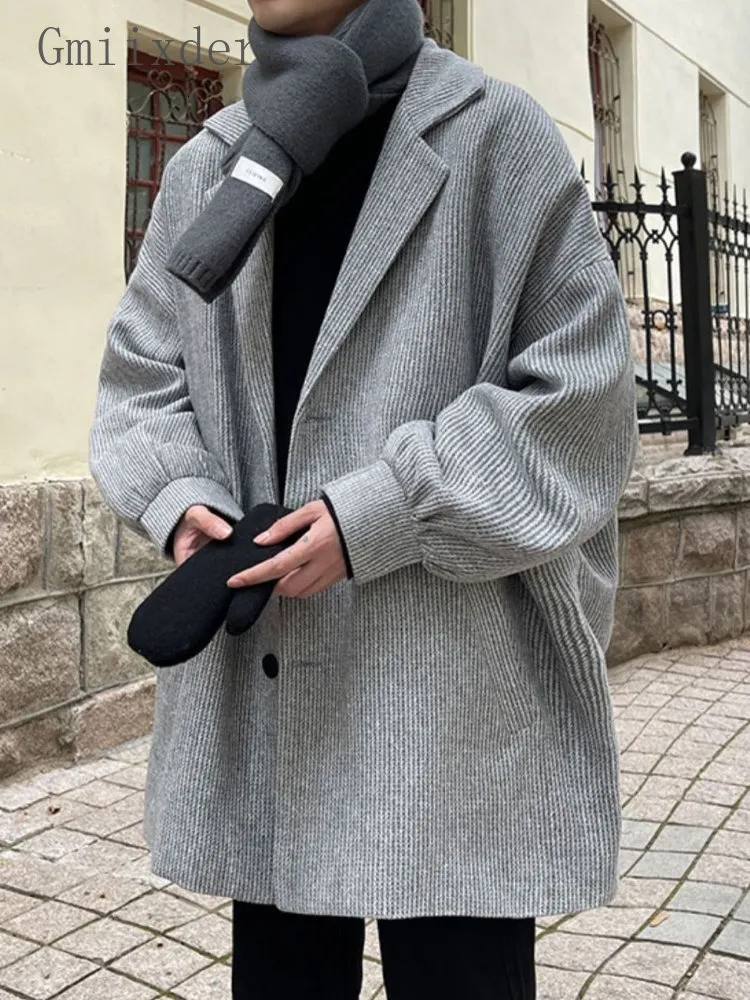 Męskie mieszanki wełny gmiixder wełniane płaszcze mężczyzn zima zagęszcza gęstwa kurtka przystojna średniej długości zwykłej krawędzi elegancki streetwear 230201
