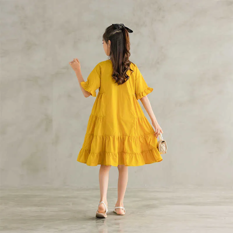 Menina es crianças bonito meninas primavera verão algodão babados adolescente vestido crianças roupas de bebê amarelo ruched #6294