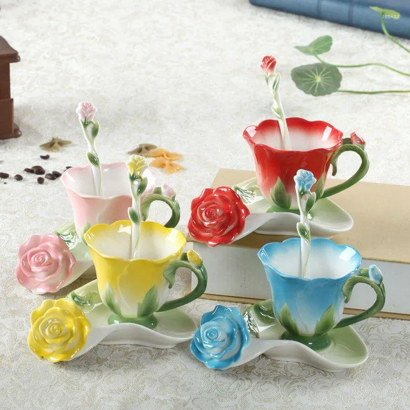 Mugs Tea Milk Cup 150ml 3D Rose Enamel Coffee With Spoon And Saucer Marriage Gift Creative Ceramic Chinese Bone China Drinkware