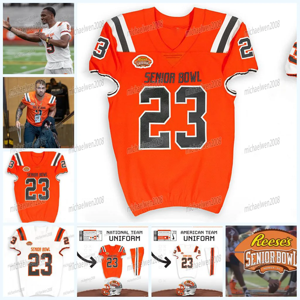 Anpassad NCAA College Football Jersey College bär 2023 Reeses Senior Bowl Uniforms 100% ED Embrodery Custom Eventuellt namnnummer Orange