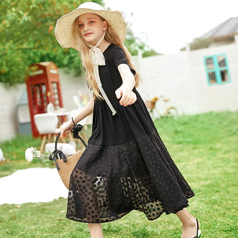2022 New Girls Maxi Dress Casual Black Chiffon Patchwork