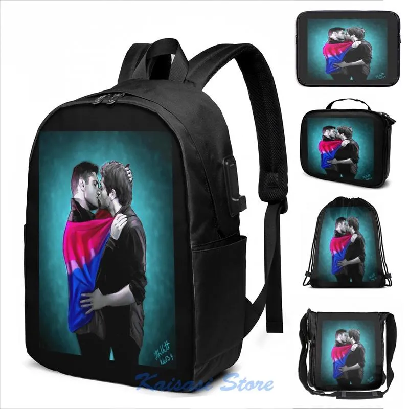 Mochila Impressão gráfica engraçada Pride Bissexual Destiel USB Charge Men Bags Escola Mulheres Bolsa Viagem Laptop