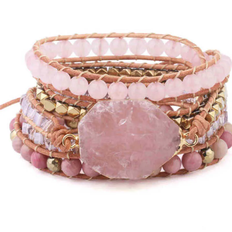 Natural Stone Bracelet Pink Quartz Leather Wrap Bracelets for Women Rose Gems Crystal Beads Bohemia Jewelry 5 Strand2549