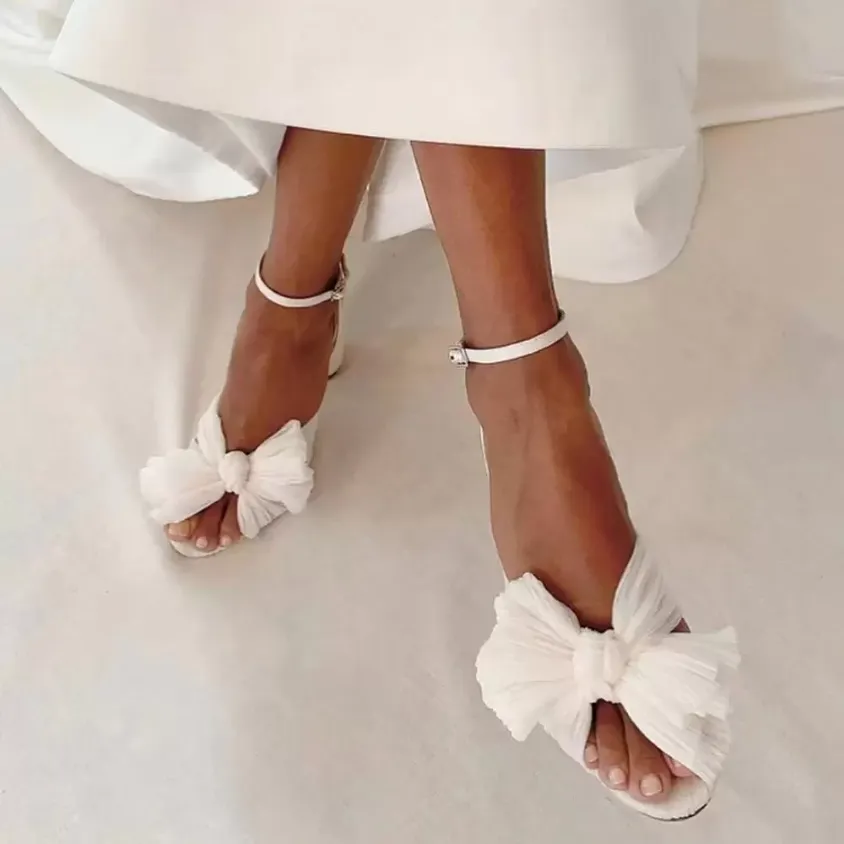 Butterfly Knot Bridal Shoes For Wedding Chunky High Heel Women Sandals Summer Open Toe Flock Cloth Block Ladies Party Evening Sandal Solid Color Sewing Retro ss0201