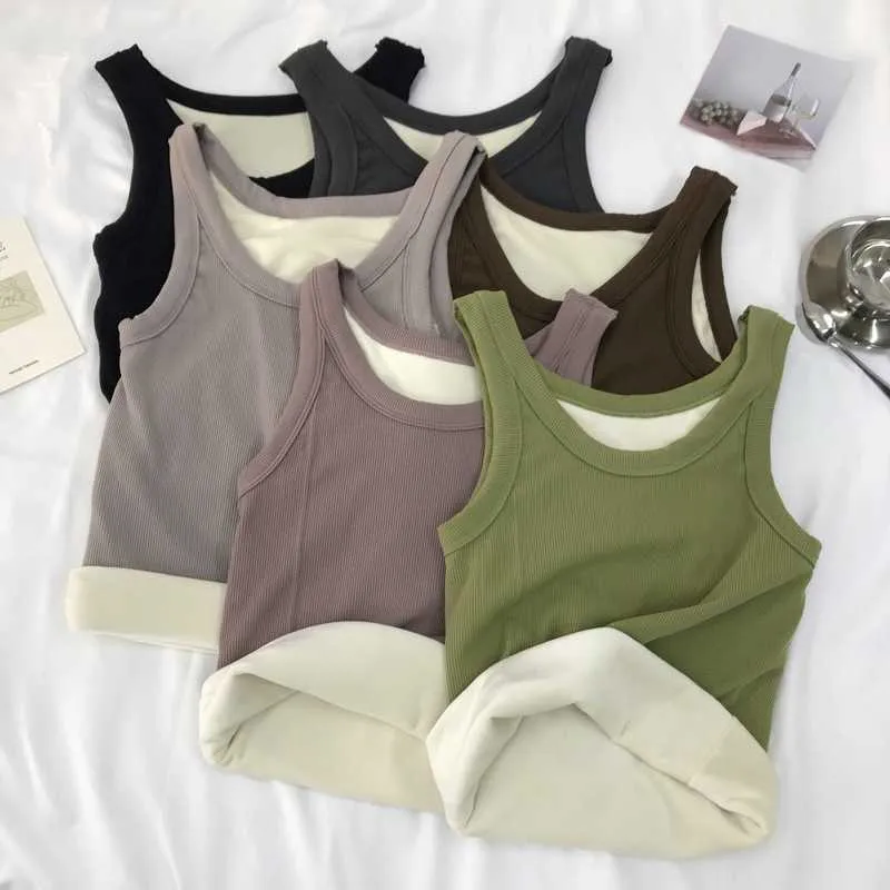 Women's Tanks Camis Winter Fleece Thickened Thermal Vest Slim Bottoming Underwear Woman Tank Top Plus Velvet Camisole Female V-neck Sleeveless Camis Y2302