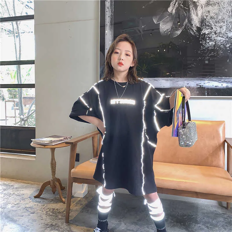 Girl's Dresses Summer Children Clothes Boys and Girls Cotton Stripe Black Reflective T shirt Loose Long Tees Teens Kids Wear 8 9 10 12 13 Years 0131