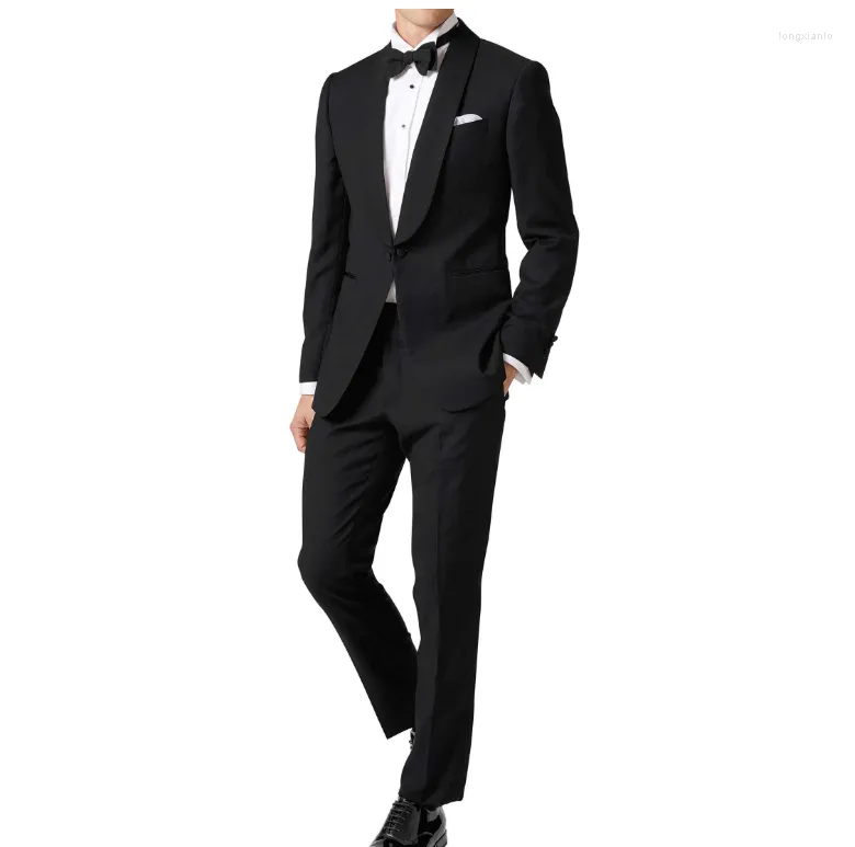 Abiti da uomo Costume Homme Abito da uomo nero 2 pezzi Blazer Pantaloni One Button Tuxedo Risvolto trasparente Pure Fashion Business Modern Wedding
