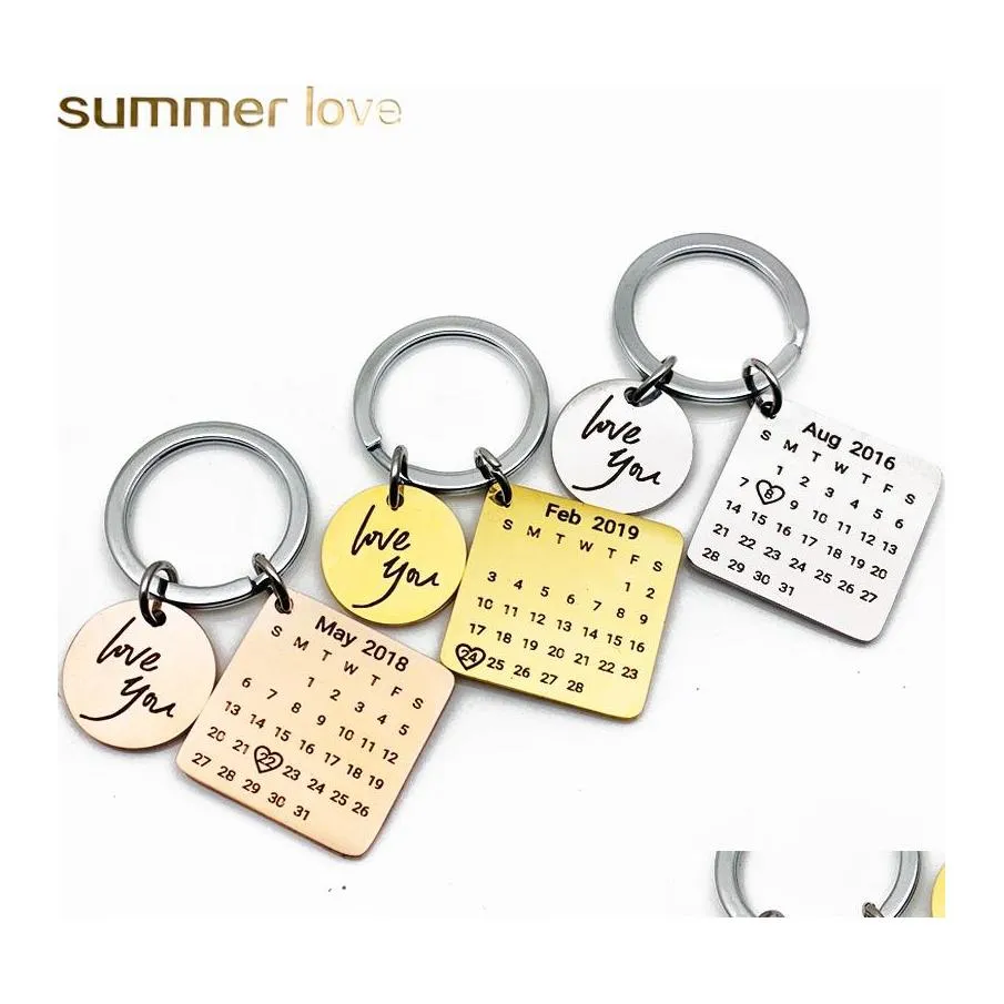 Key Rings Custom Jewelry Stainless Steel Keychain Personalized Calendar Chain Engraved Date Birthday For Girls Lovers Friends Annive Otm2U
