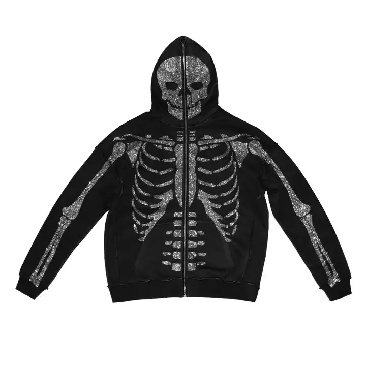 Oversized Rhinestone Skeleton Butterfly Zip Up Hoodie