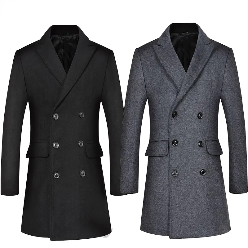 Men's Wool Blends Double Breatsed Long Trench Coat Men Winter Cashmere Peacoat Slim Fit en Overcoat Windbreaker 230201