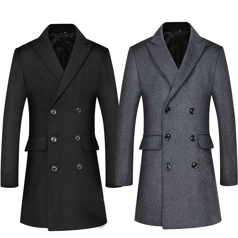 Herenwolmengsels dubbele breatsed lange trench jas heren winter kasjmier peacoat slanke pasvorm en overjas windscheper 230201