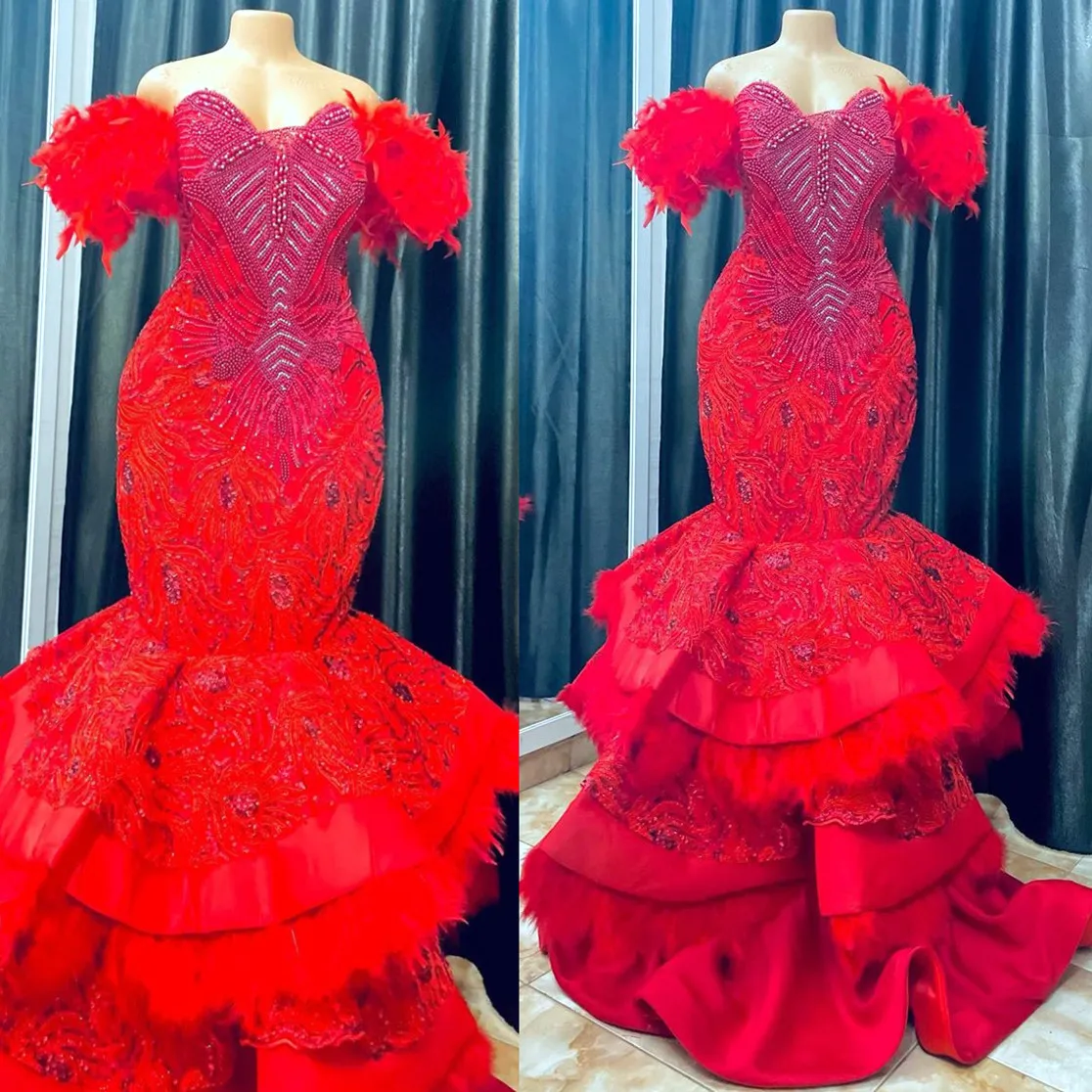 EBI Arabic Aso Mermaid Red Prom Dresses Lace Pärled Feather Evening Formal Party Second Reception Birthday Engagement Gowns Dress ZJ