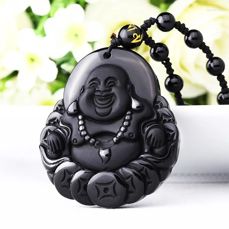 Hänge halsband verkliga kinesiska handarbete naturliga svart obsidian snidade buddha gud av förmögenhet amulet lyckliga halsband mode smycken