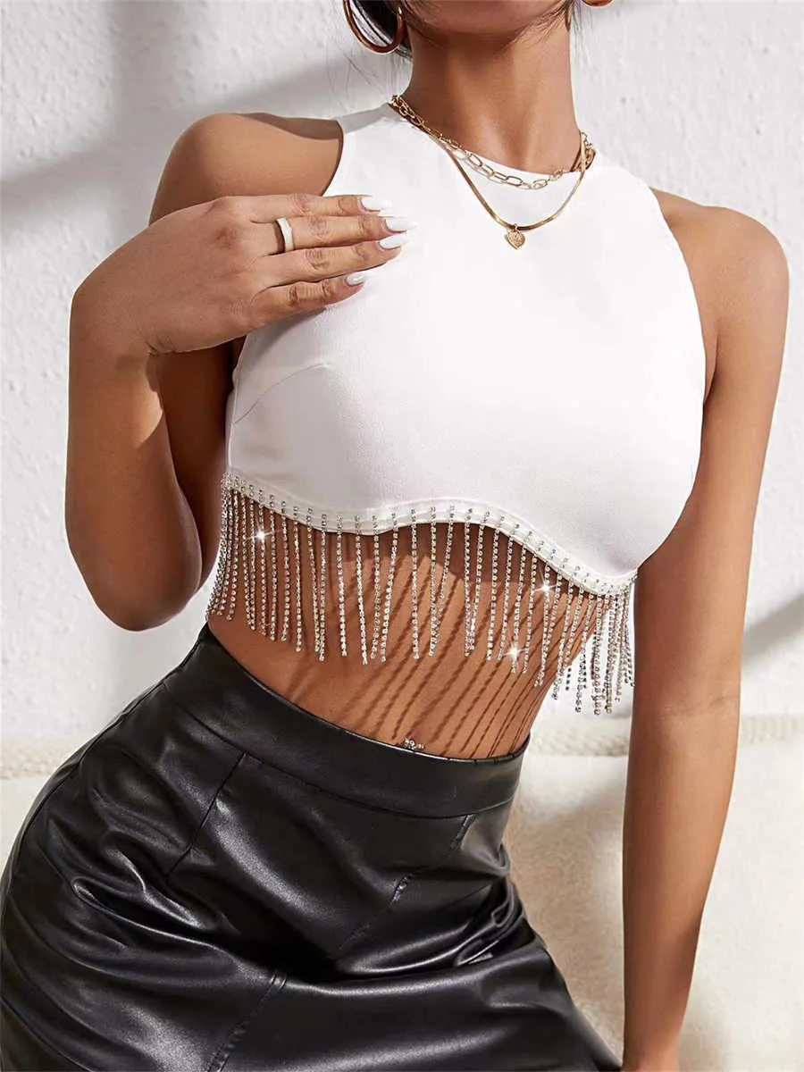 Kvinnors tankar Camis Wsevypo Rhinestone Tasseled Summer Crop Tops Women Chic Sleeveless Crew Neck Tank Tops Club Party Streetwear Sexy Vest Tops Y2302