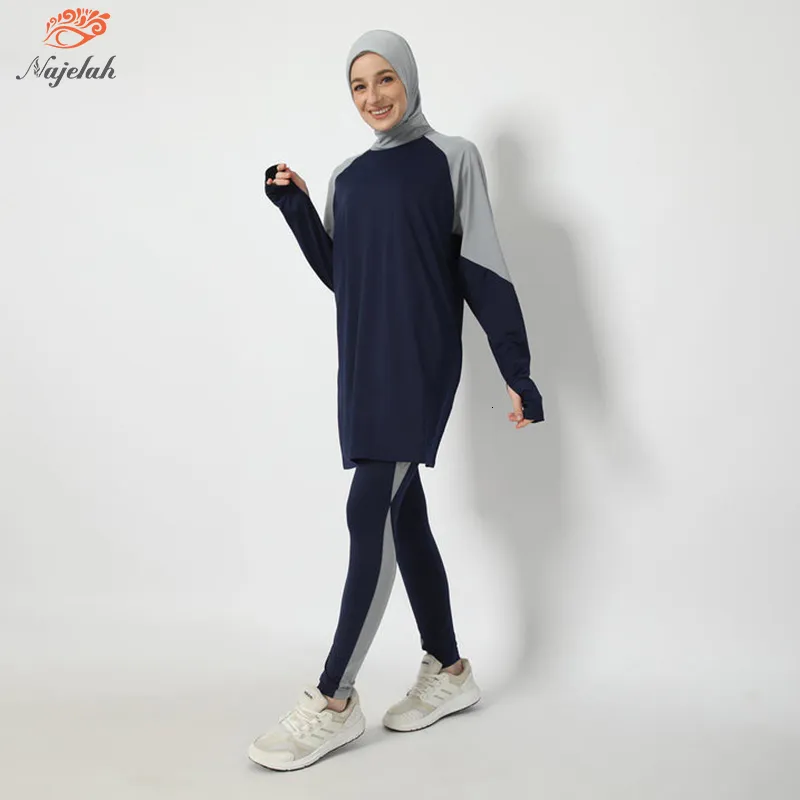女性スポーツのイスラム教徒のスポーツウェアセットヒジャーブイスラム女性ファッションブラウス控えめな長袖トップパンツカジュアル服230131