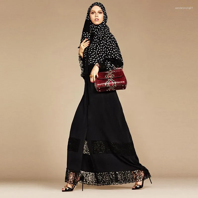 Abbigliamento etnico Moda musulmana Cardigan in pizzo nero a pois bianchi Abito da donna islamico turco Arabia Saudita Gonna Ramadan Abaya Marocco