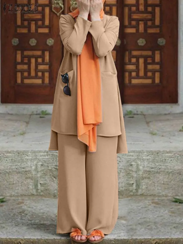 ZANZEA Women s Vintage Muslim Abaya Hijab tracksuit s Casual Summer Pants with Long Sleeves and Loose Fit Matching Blouse 230131