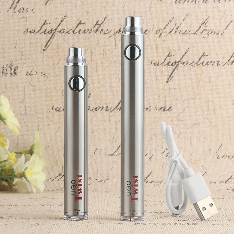 UGO Twist EVOD VV 510 Vaporizer Battery 650mAh Vape Pen Battery OEM Justerbar spänning Anpassad logotyp Kom med USB -laddare