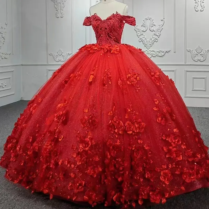 Sparkling Red Floral Quinceanera jurken parels kralen van schouder lange luxe