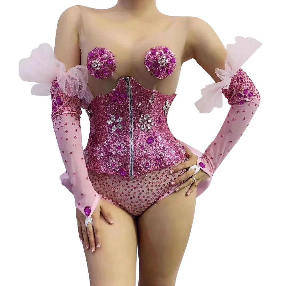 Combinaisons pour femmes barboteuses rose sans manches body de fête florale avec gant de ceinture en cristal discothèque pôle danse justaucorps scène tenue ensembles 230131