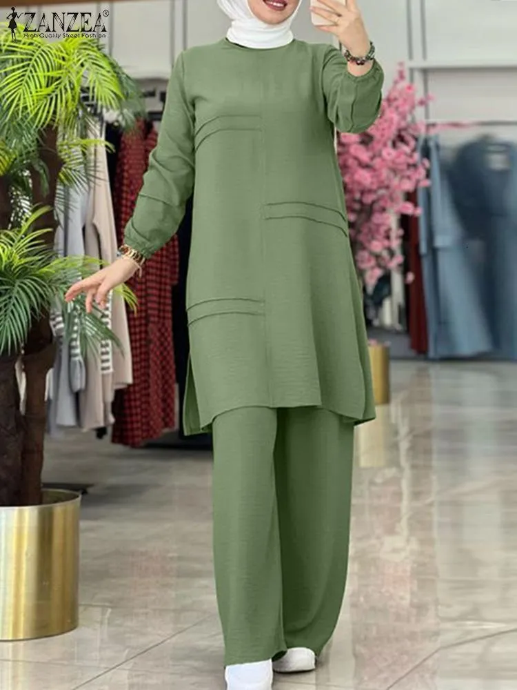 ZANZEA Muslim Two Piece Set Elegant Full Sleeve Blouse And Wide 