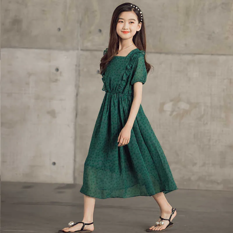 Menina floral elegante verde escuro adolescente meninas vestido de verão ruched bonito meados longo crianças vestidos chiffon roupas #6301