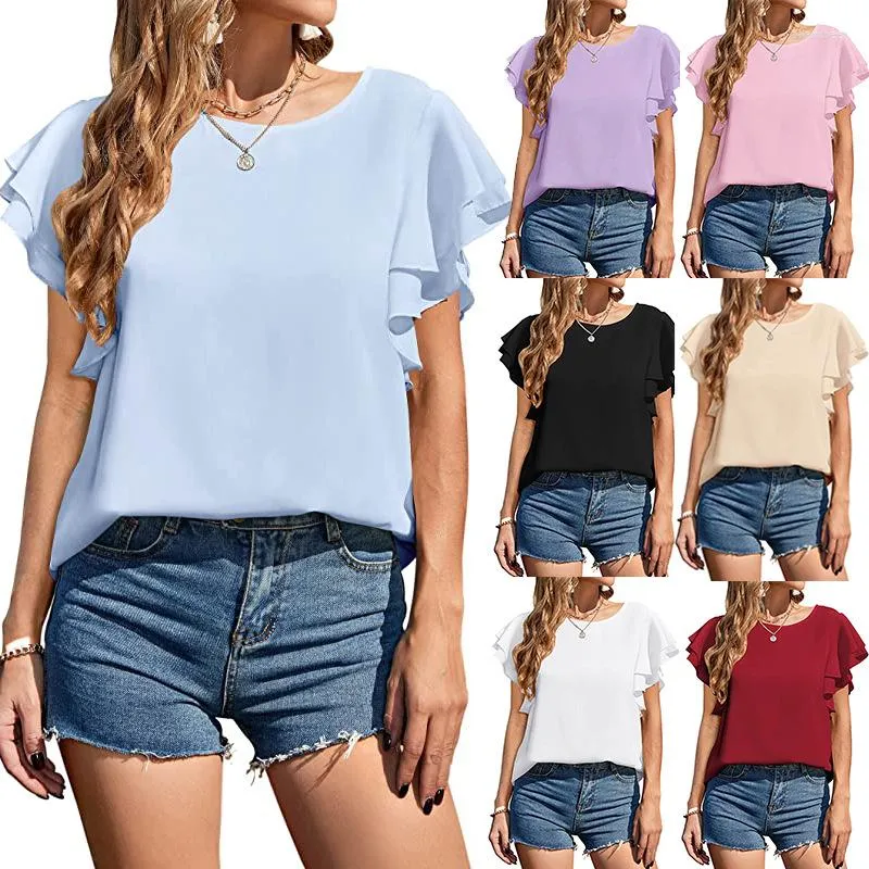 Blouses femininas Mulheres Blusa Chiffon Summer Summer Manga curta Ruffles soltos camisas