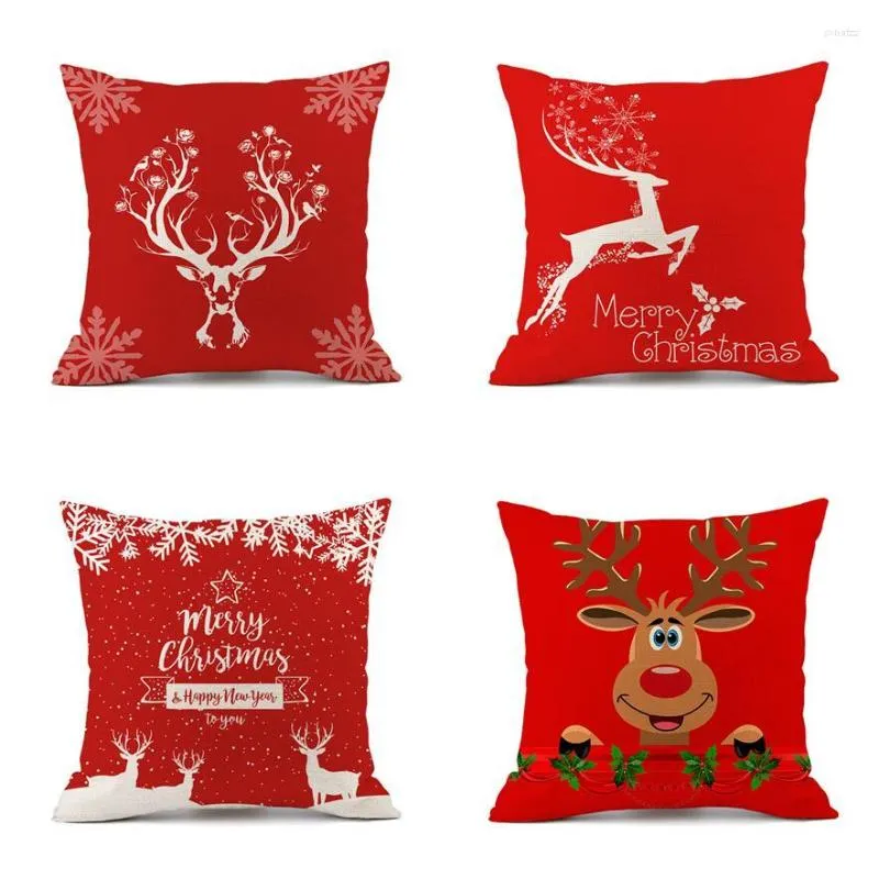 Yastık Noel kapağı çizgi film elk kar tanesi kırmızı yıl xmas ev dekor keten bez sandalye yastıklar oturma odası kanepe yastık kılıfı