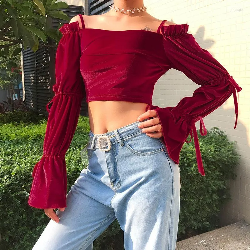 Women's T Shirts 2023 Ladies Crop Top Elegant Velvet Fashion Fleche Sleeve Solid Color Square Corset Street Sexig Party Club T-shirt för