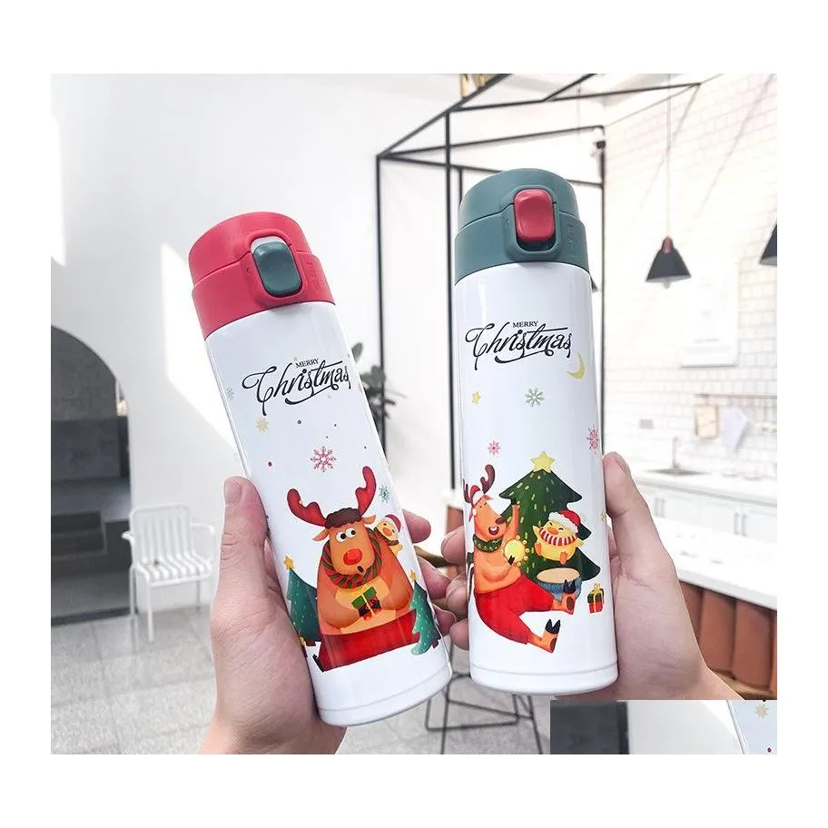 Waterflessen 450 ml kerstfles schattige cartoon Santa Claus Elk Insate Vacuüm Thermos Roestvrij staal Mooie reismokken Flask Dro Dhfwa