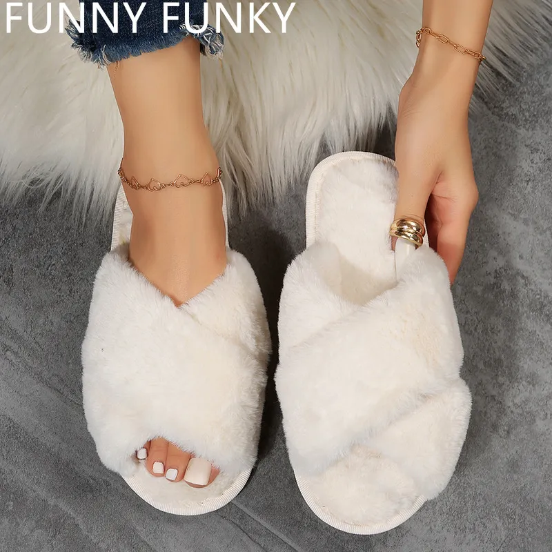 Slippels Winter Women House Cross Band Fluffy Fur Fashion Warm Shoes Woman Slip op flats vrouwelijke glijbanen gezellig huis 230201