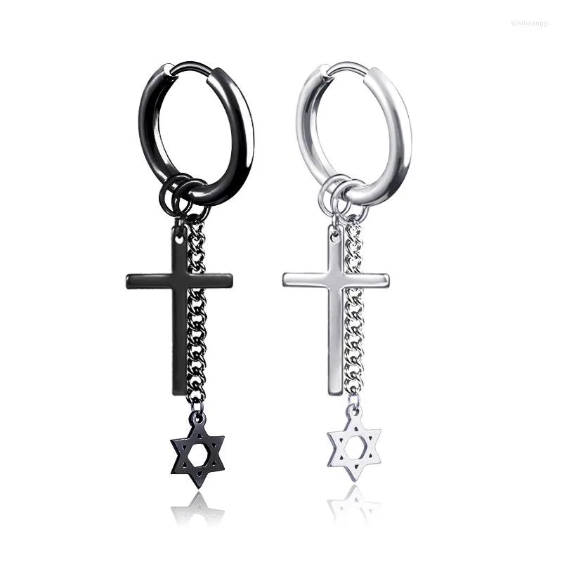 Dos boucles d'oreilles mode acier inoxydable indolore oreille Clip pour hommes/femmes Punk noir croix chaîne étoile Non Piercing faux bijoux