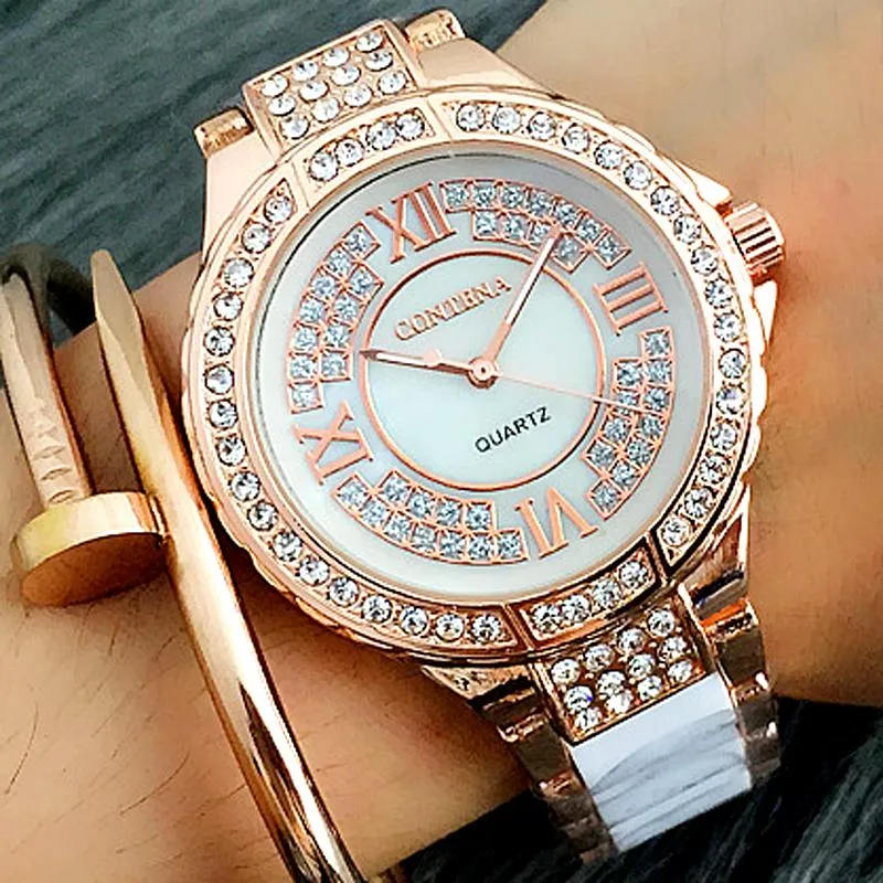 Armbandsur Contena kvinnors klockor Rose Gold Top Ceramic Wrist Watch Ladies Sterling Diamonds Lady Crytal