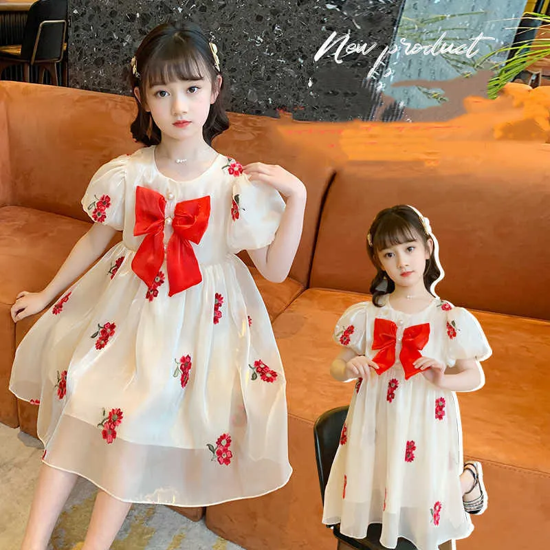 Girl's Girls Dresses Red Bow Flower Embroidered Princess Summer Children's Dress Puff ärm Tutu för 4 5 6 7 8 9 10 11 12 år 0131