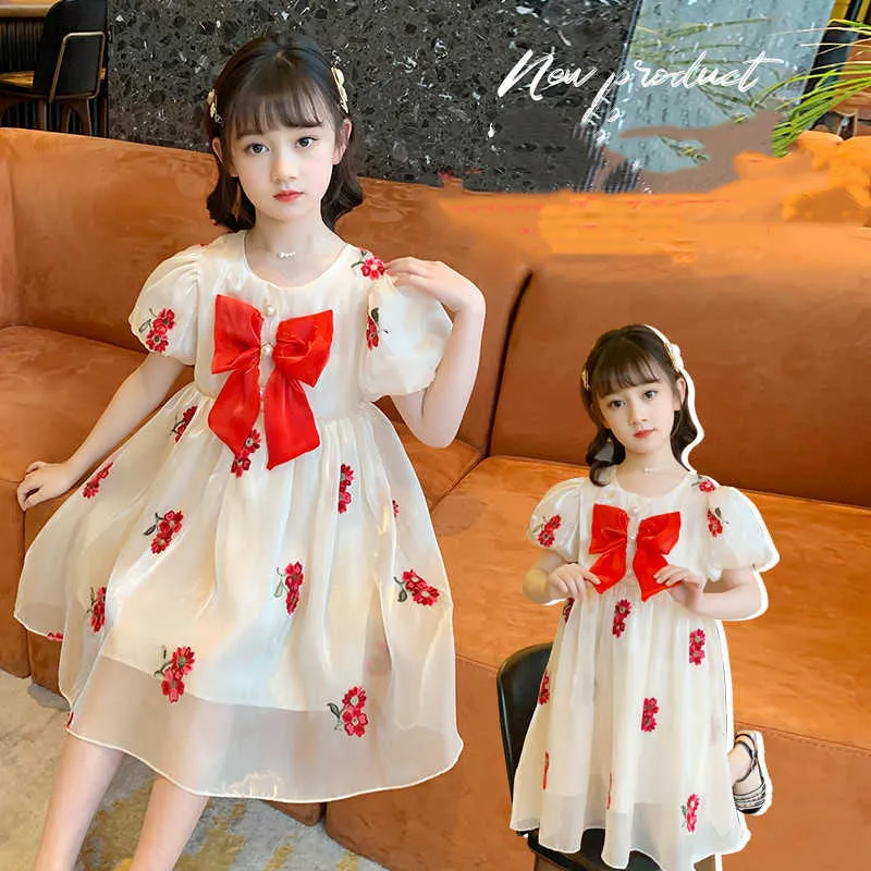 Robes de filles fille nœud rouge fleur brodée princesse été robe pour enfants manches bouffantes Tutu pour 4 5 6 7 8 9 10 11 12 ans 0131