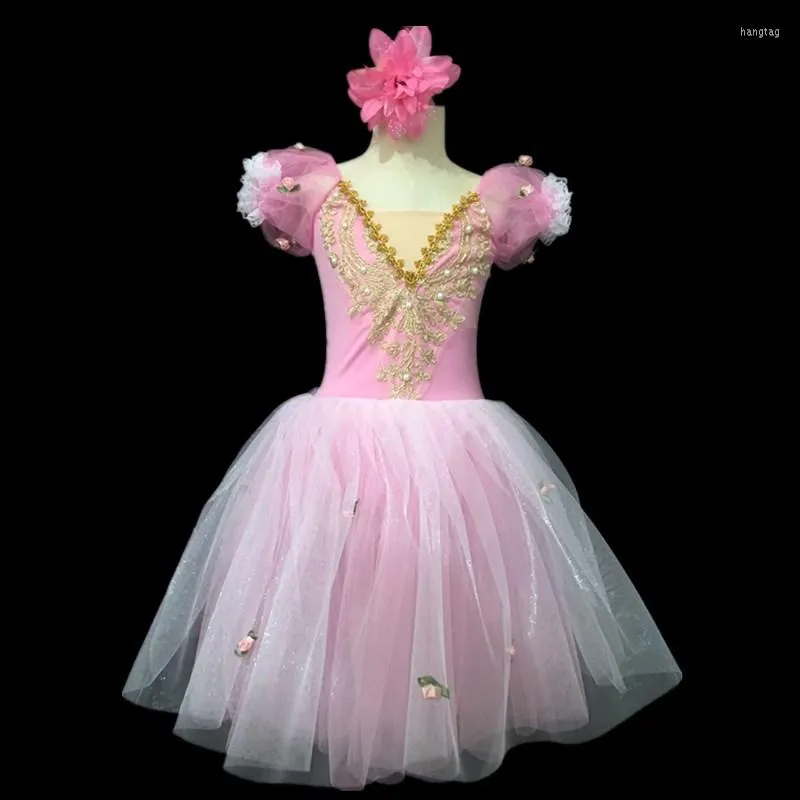 Stage Wear Pink Ballerina Dress Kids Girls Adult Women Professiona Ballet Long Tutu Outfit Swan Costume